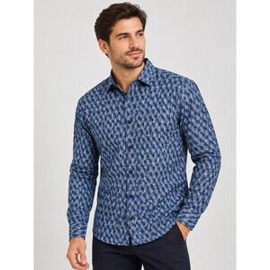 Jhane Barnes Silk Cotton Geometric Print Long Sleeve Button Down Shirt Modern